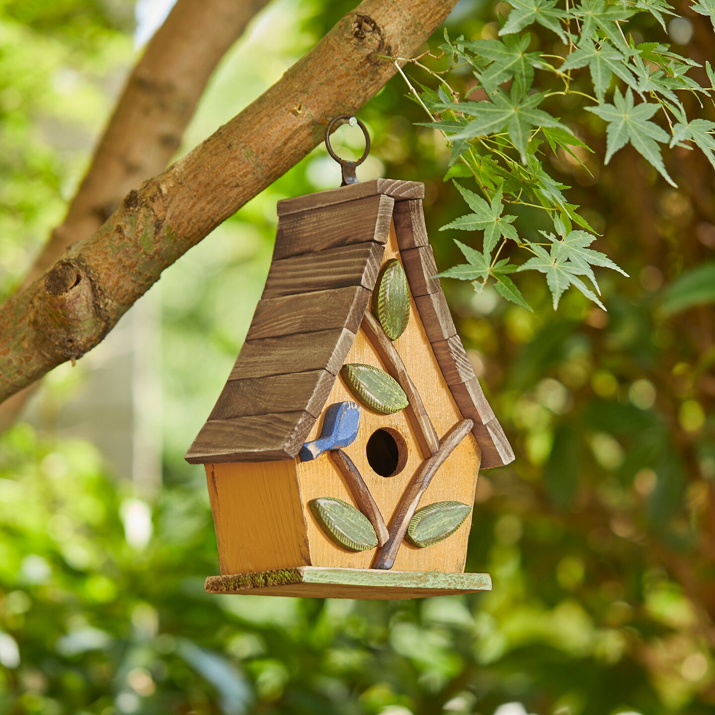 Set of 2 9.5''H Distressed Solid Wood Decorative Outdoor Garden Birdhouse with Natural Wood Slatted Roof and 3D Tree
