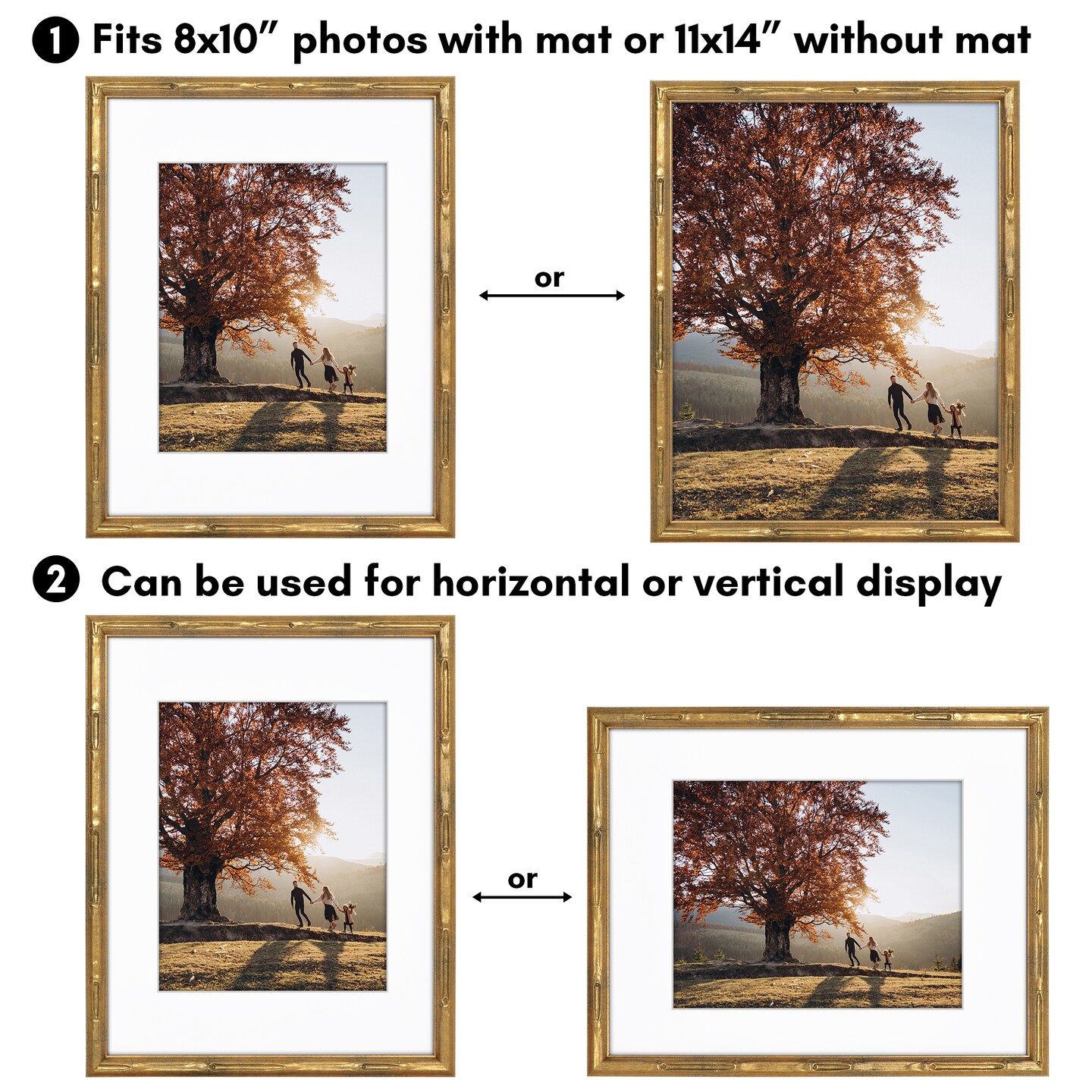 Americanflat Picture Frame with Bamboo Design - Gold Frame with Shatter-Resistant Glass - Use as 5x7 Frame with Mat or 8x10 Frame Without or Use as 8x10 Frame with Mat or 11x14 Frame Without - Faux Bamboo Photo Frame for Tabletop or Wall Display