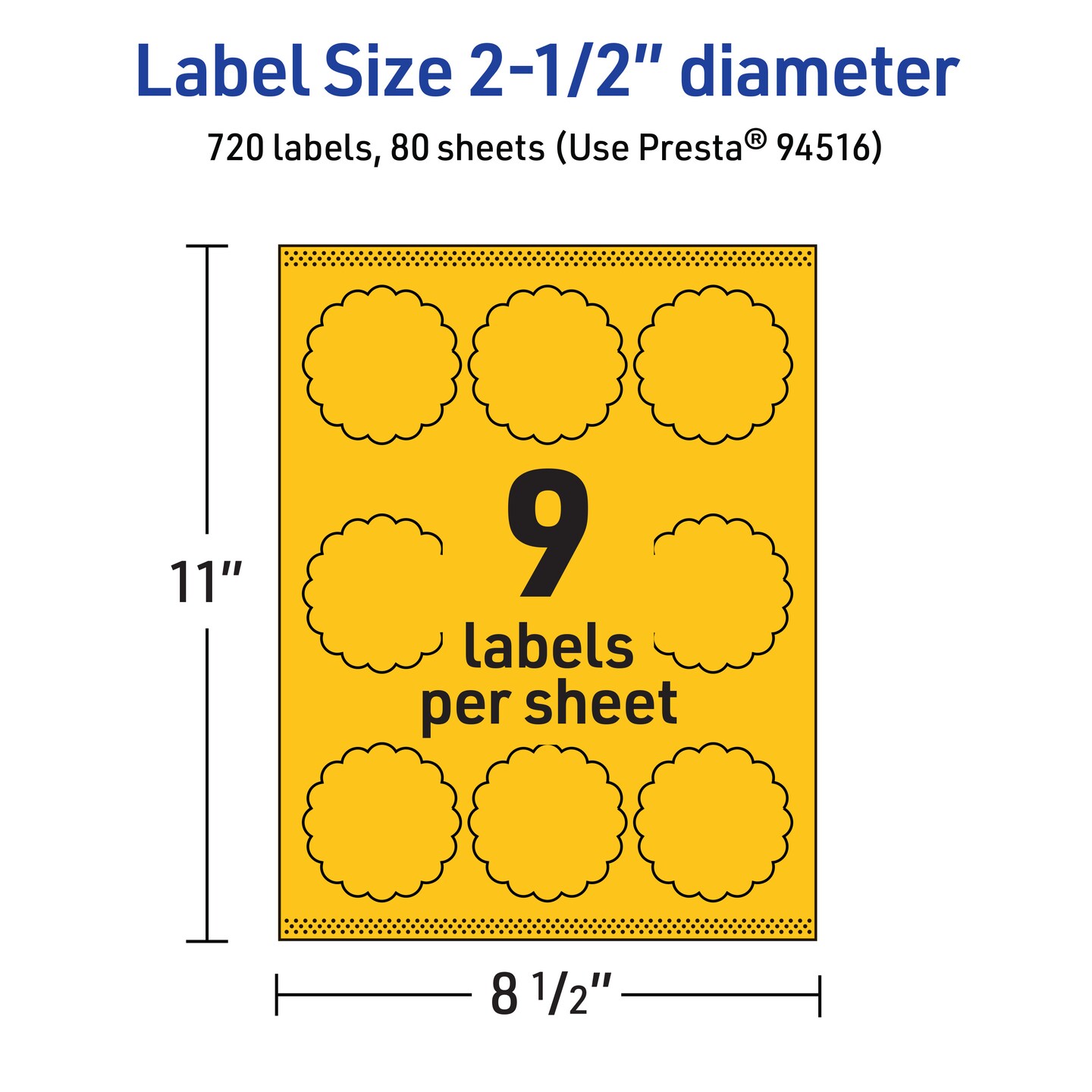 Avery Bright Yellow Paper Labels, 2.5&#x22; Diameter Round Scalloped