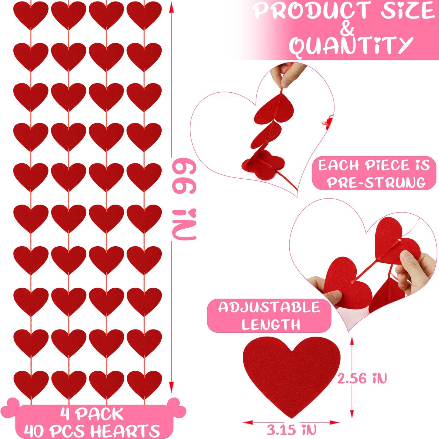 40PCS Valentines Day Decor, Red Heart Banner with Felt Hearts, Hanging Valentines Day Decoration Indoor Outdoor Valentine's Day Party Banner for Wall Fireplace Office Home Decor