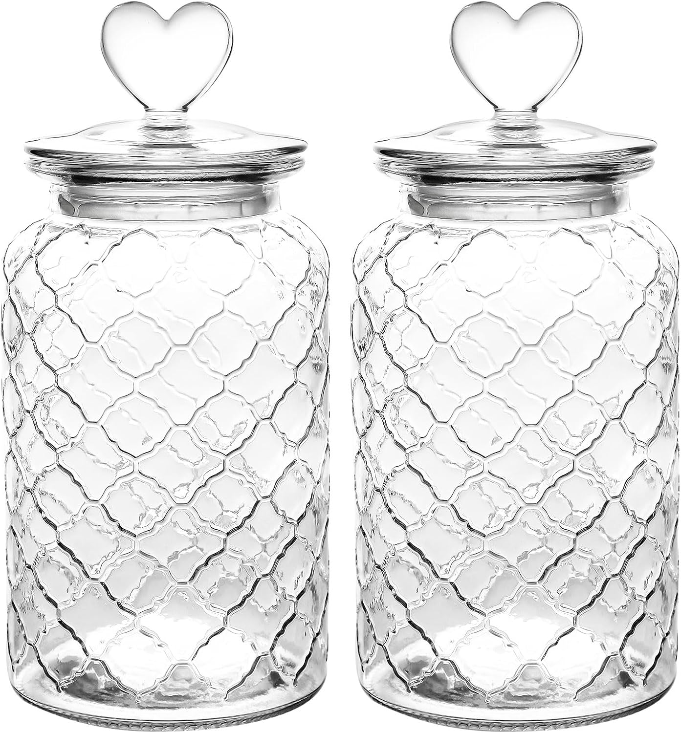 Set of 2 Airtight Glass Jars Decorative Jars, 45oz Jar of Hearts Cute Cookie Jar Decorative Jars with Lids Candy Jars for Candy Buffet Heart Shaped Lid - Grids Textured