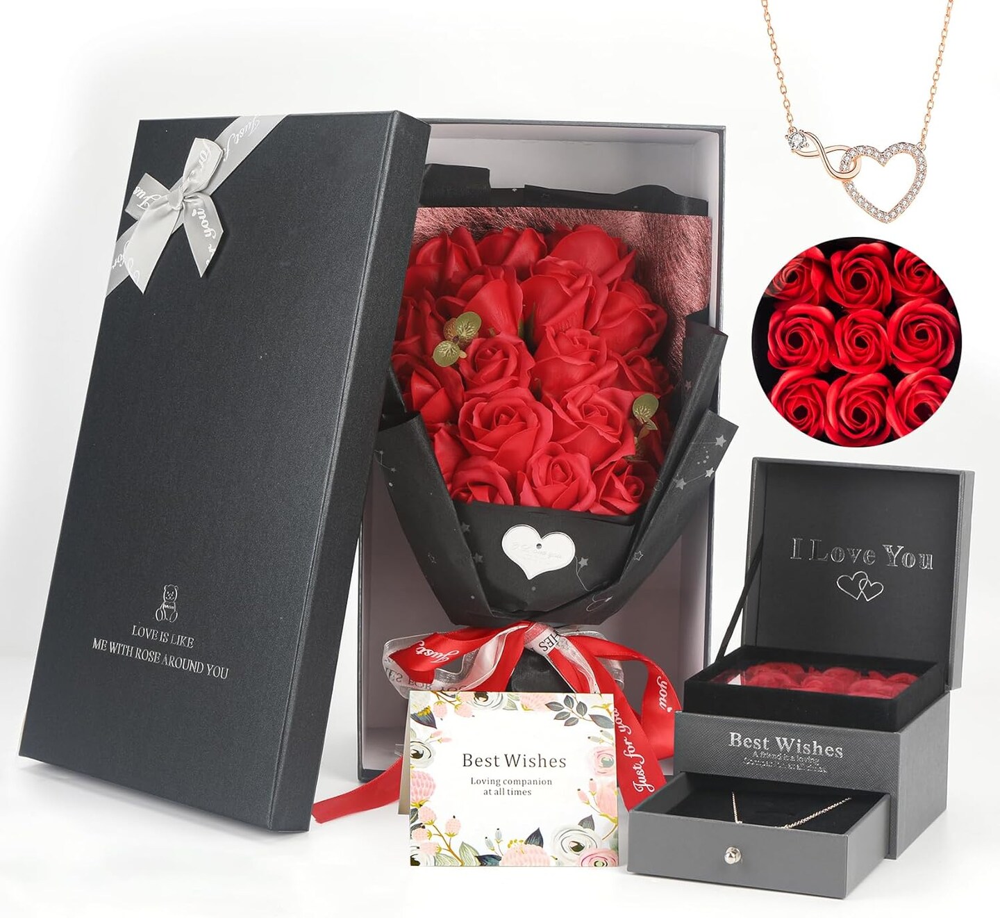 Rose Bouquet Rosas Eternas Preserved Rose Bouquet 18 Flower Bouquet with Beautiful Love Necklace, Unique Gift for Birthday, Valentine&#x27;s Day, Mother&#x27;s Day, Thanksgiving, Christmas, Anniversary(Red)