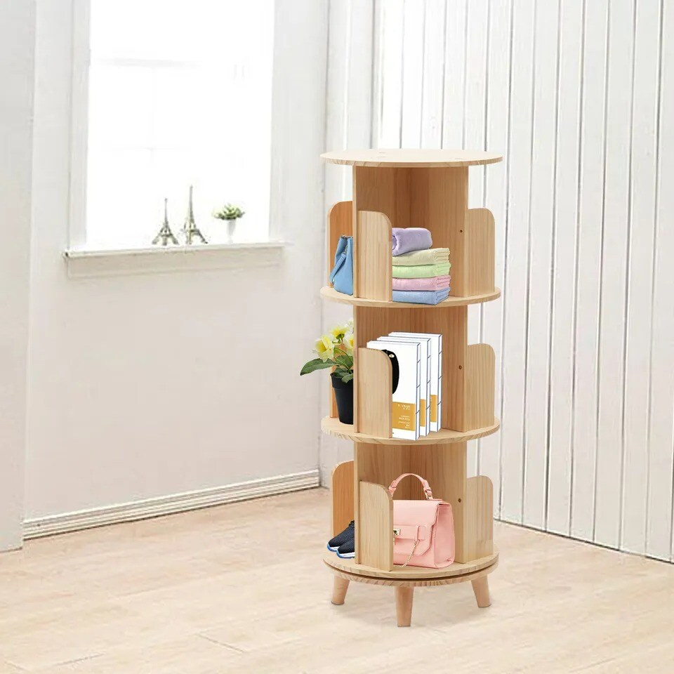 3 Tiers Rotating Bookshelf Organizer Display Rack Storage Shelf Floor Standing