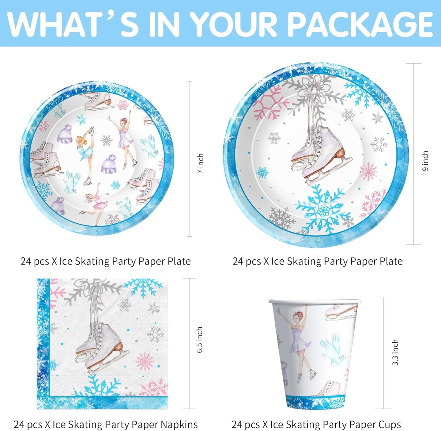 Ice Skating Birthday Party Decorations Tableware - Ice Skating Party Supplies, Plate, Cup, Napkin, Tablecloth, Cutlery, Winter Wonderland Ice Skating Birthday Decorations For Girls | Serves 24