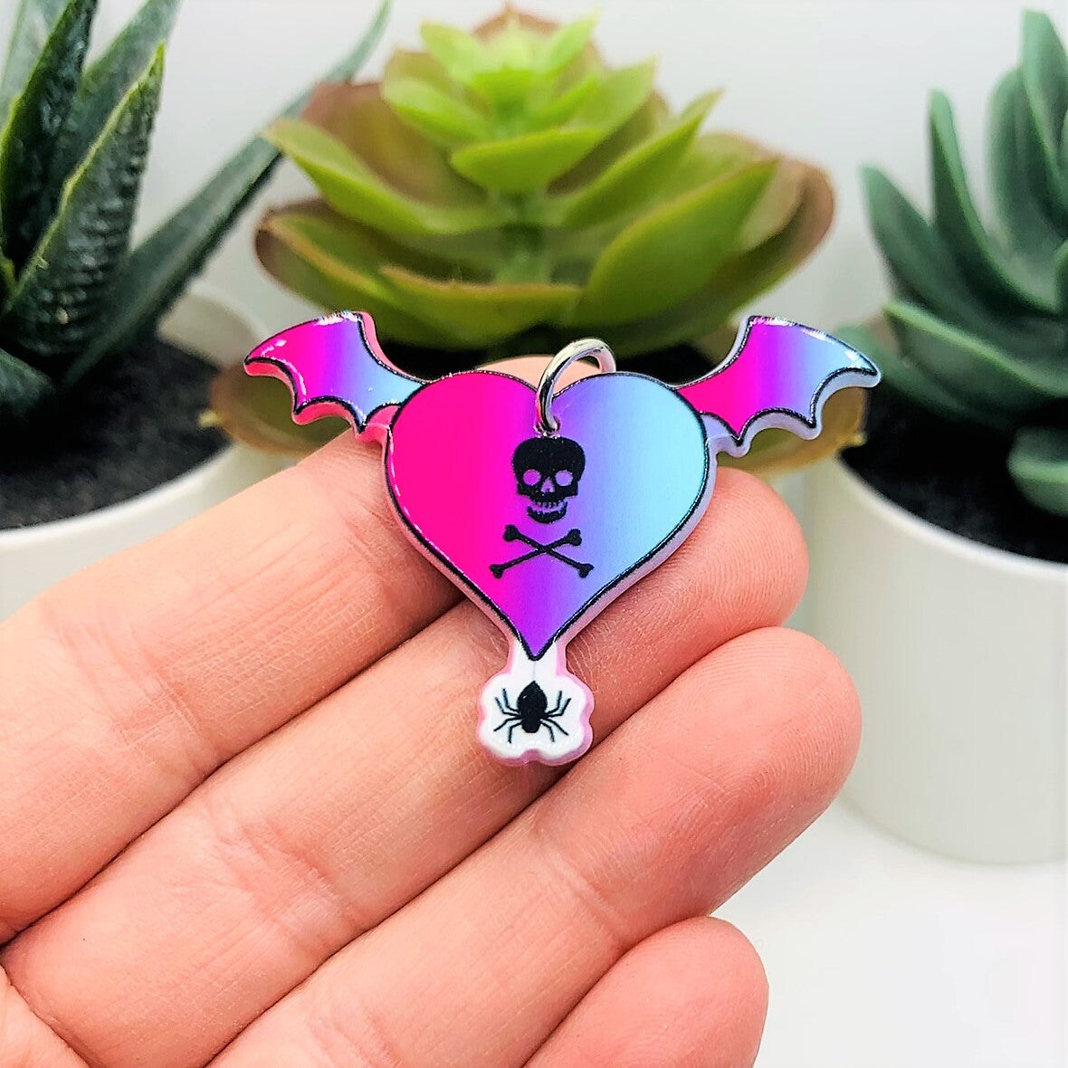 1, 4 or 20 Pieces: Punk Valentine&#x27;s Day Heart with Bat Wings Charms - Double Sided