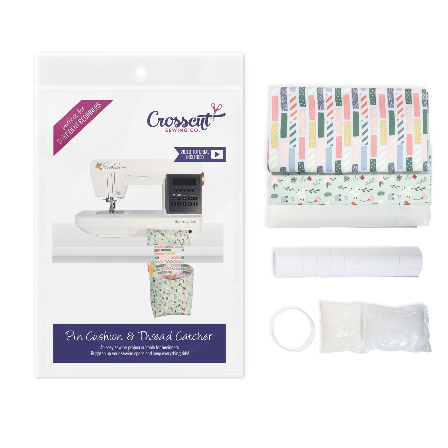 Crosscut Sewing Co.® Pin Cushion & Thread Catcher Sewing Project Kit for Beginners with Fabric, Instructions and Video