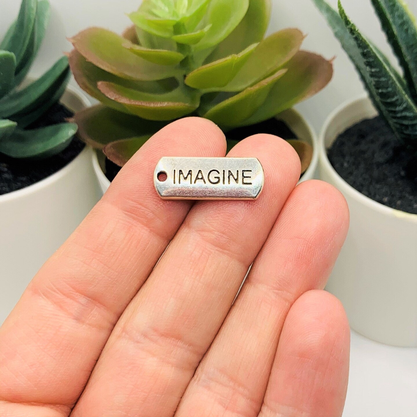 4, 20 or 50 Pieces: Silver Imagine Word Bar Tag Charms