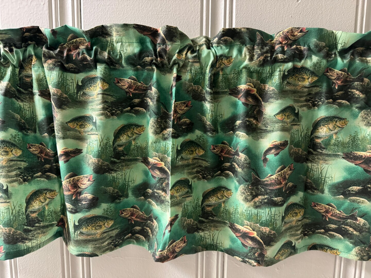 product name is Cotton Fish Swimming Valance Curtain Fabric Man Cave Garage Basement Curtains window treatment