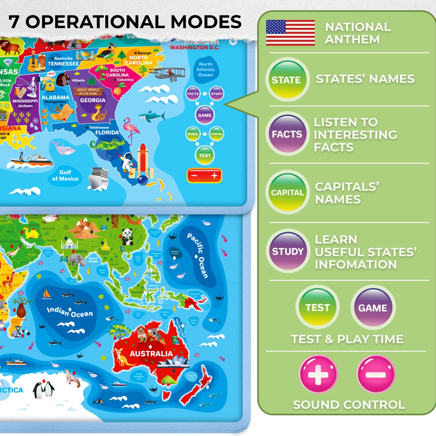 QUOKKA Educational Toys for Kids 5-7 Year Old - USA World Maps  Learning Wall Chart for Toddlers Age 3 4 6+ - Interactive Speech Therapy Poster Boy Girl - Autism Game 8-10-12