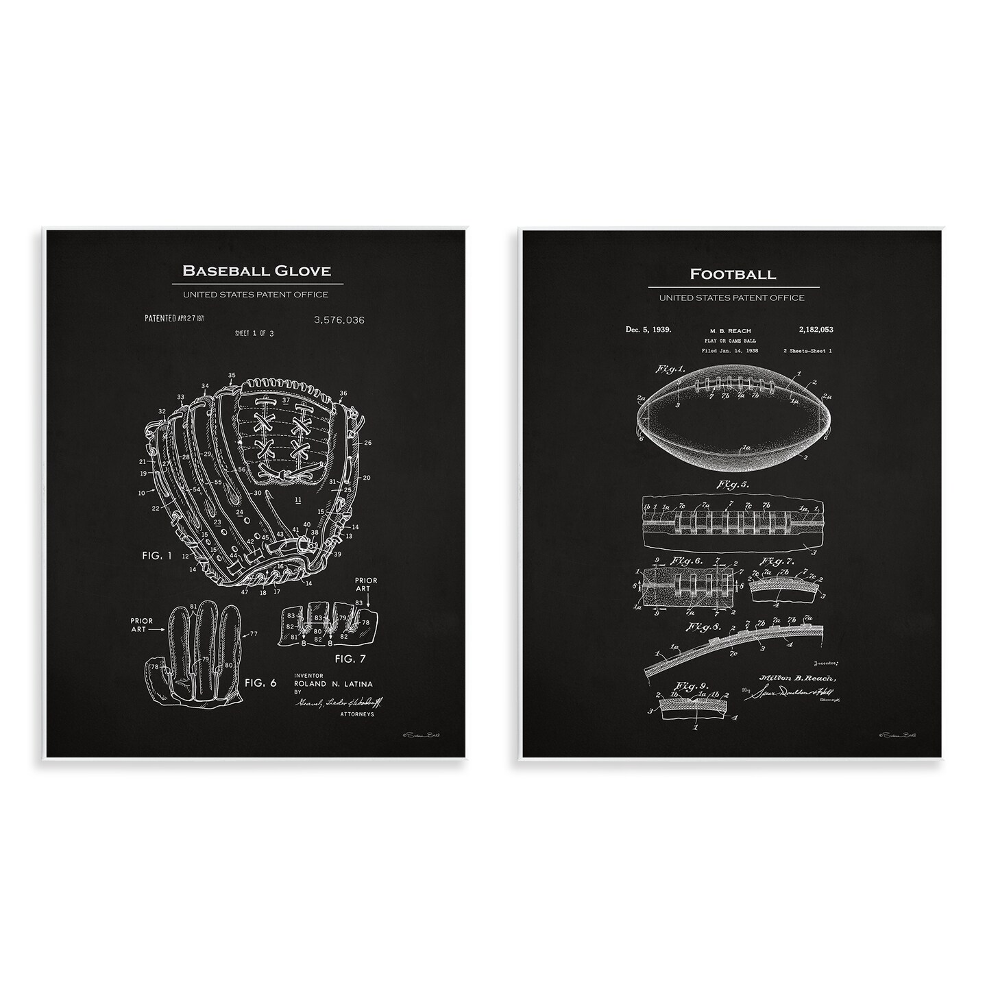 Stupell Industries Football Baseball Glove Patent 2 pc Wall Plaque Art Set Design by Susan Ball