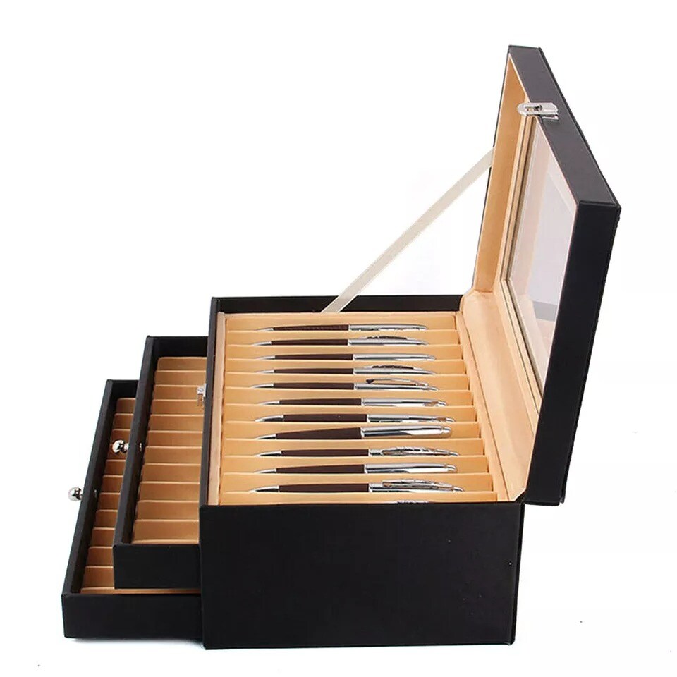 36 Slot Fountain Pen Holder Leather Display Case Organizer Collector Storage Box