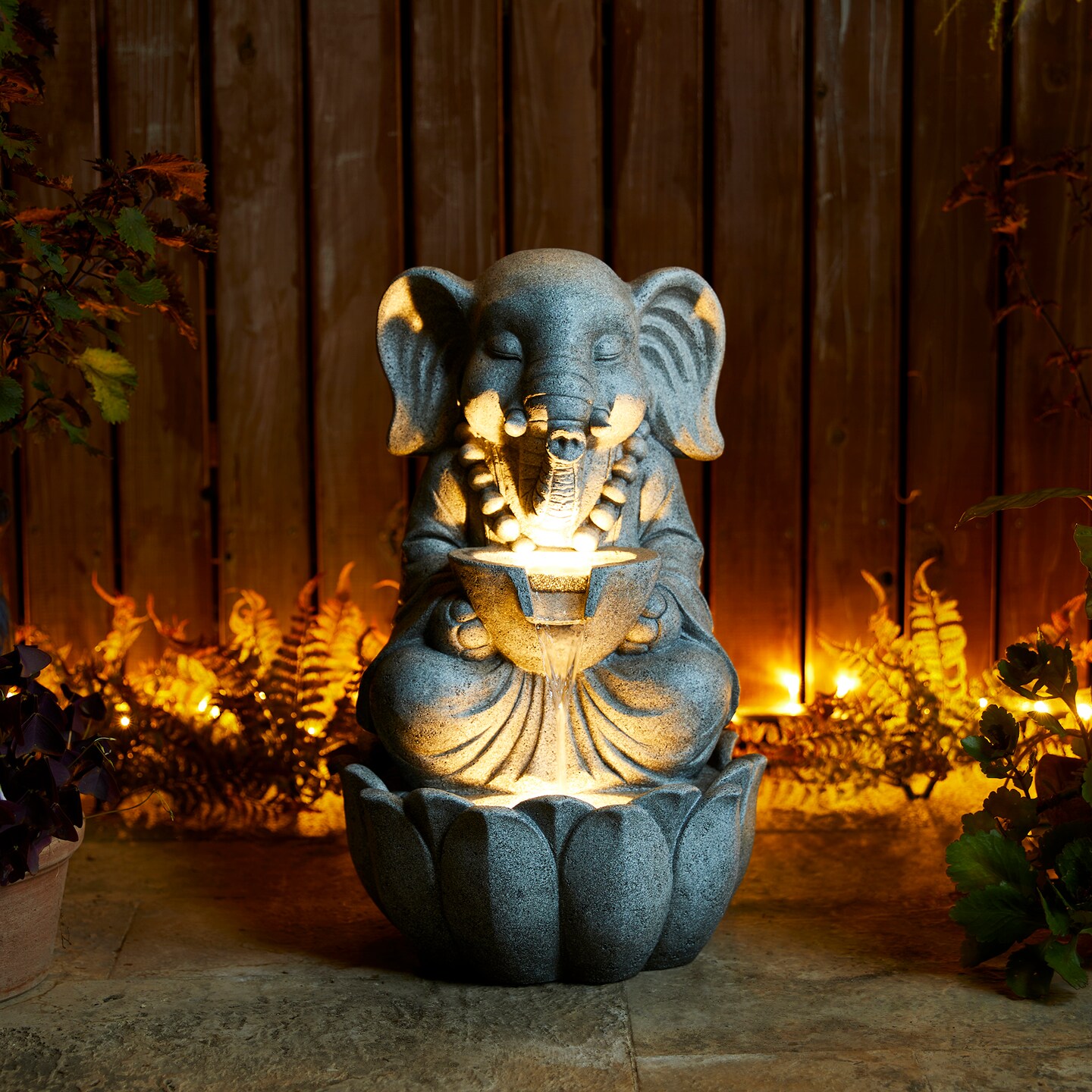 21.75"H 2-Tiered Zen-Style Concrete Elephant Polyresin Outdoor Fountain with Pump and LED Light