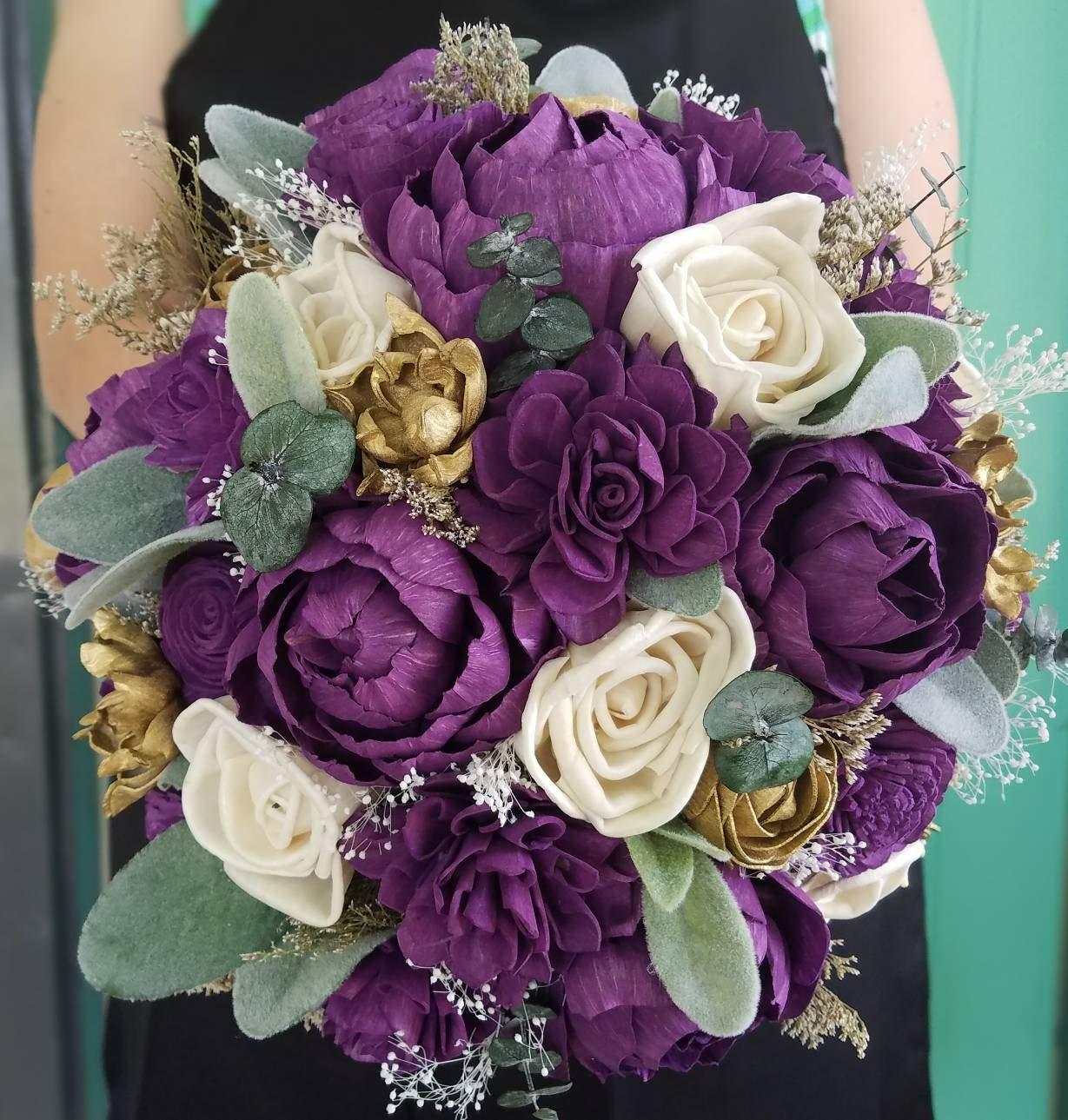 Bright Eggplant Purple Peony Sola Wood Bouquet with Gold Accents