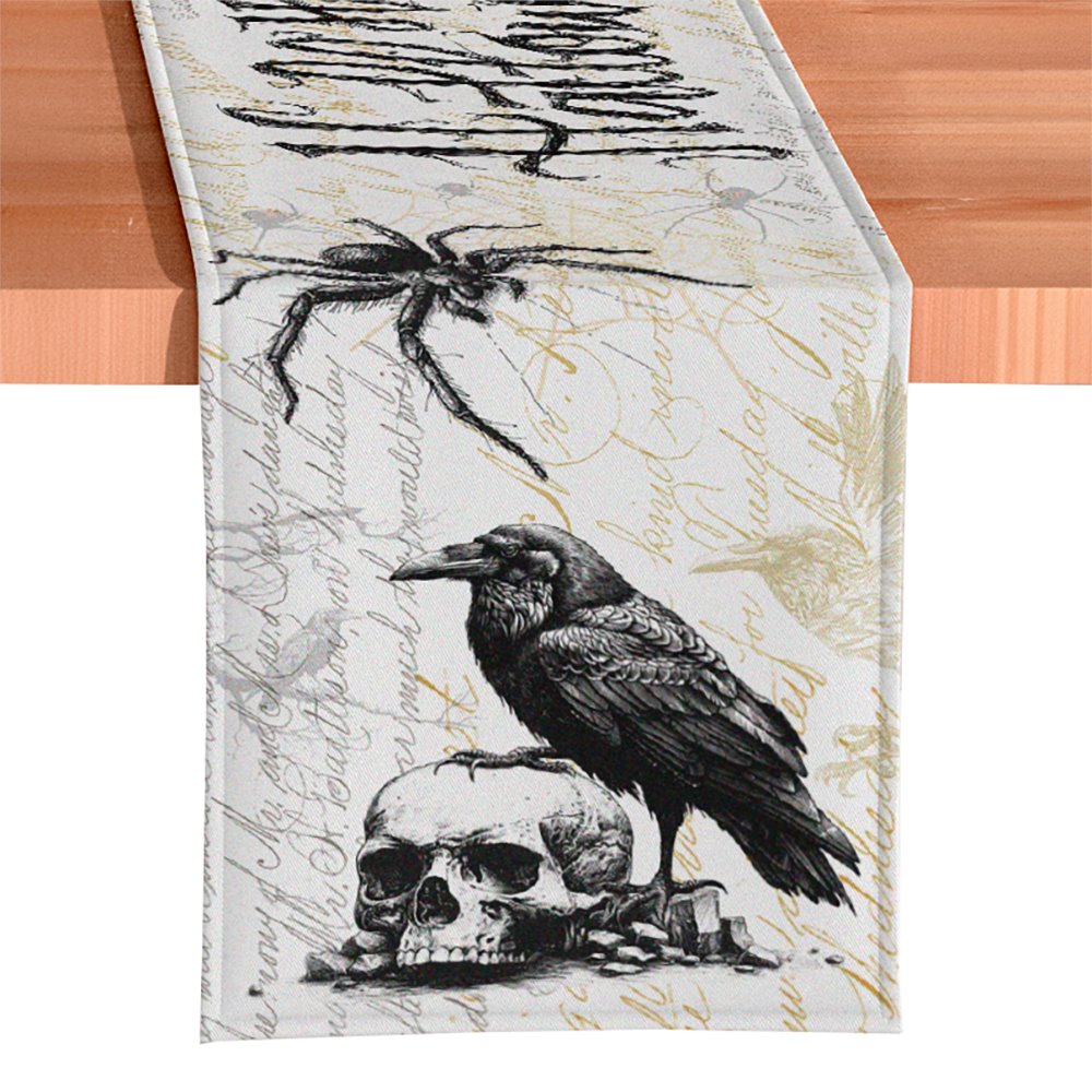 Elegant 72" Gothic Jacquard Table Runner, Halloween Tablecloth with Spider Webs and Black Ravens