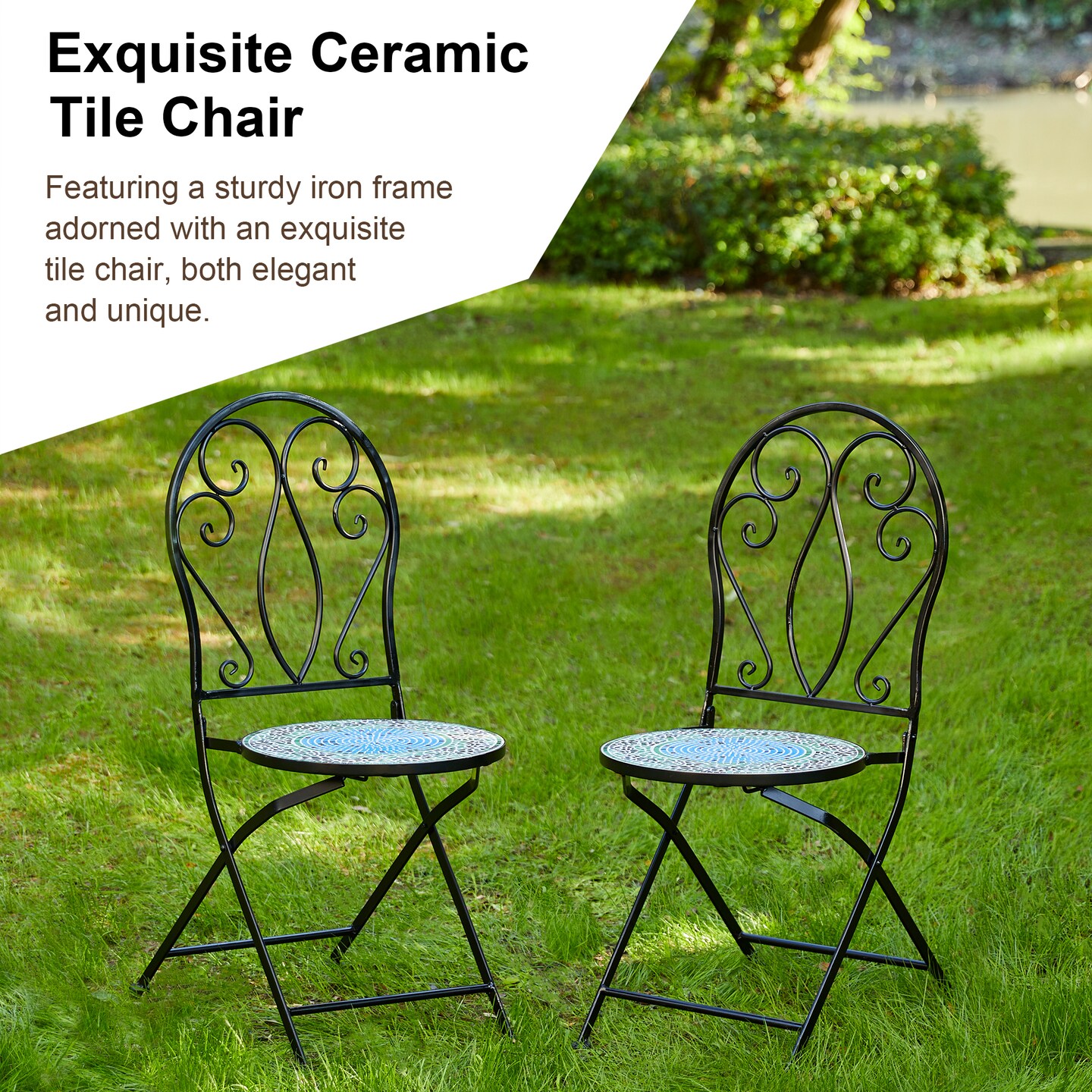 Set of 3 Black Outdoor Metal and Ceramic Tile Folding Bistro Set