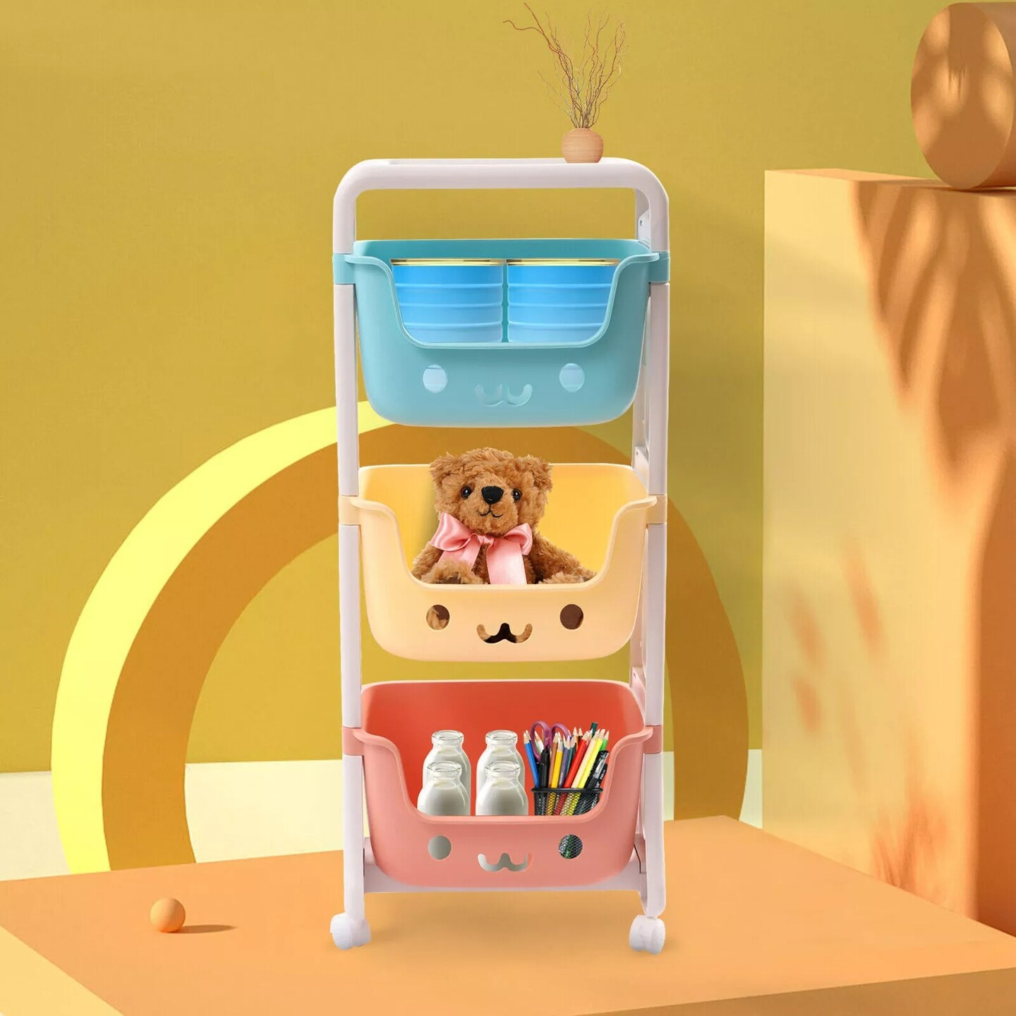 3-Tier Rolling Cart Kids Playroom Decor Doll Activity Rack Shelf 10kg/22.04lbs