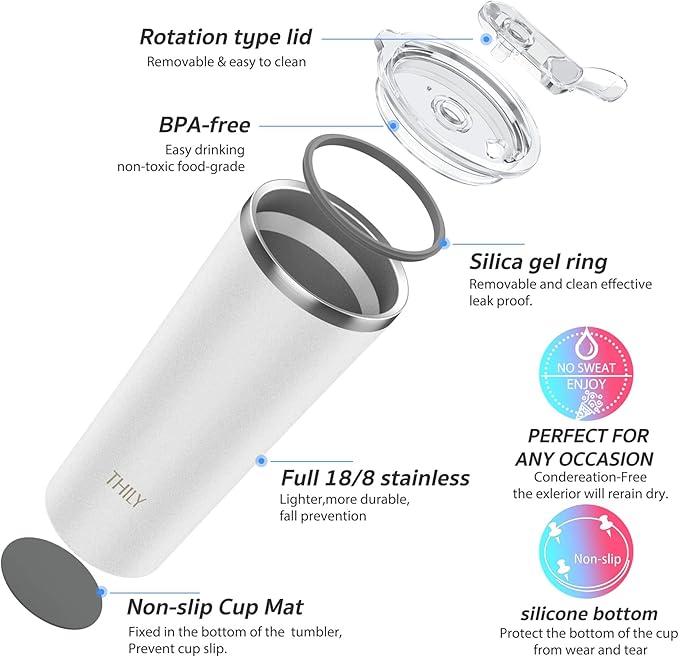 Vacuum Insulated Tumbler Stainless Steel 26 oz Coffee Cup with 2 Lids and Straws, Powder Coated Travel Mug, Keeps Ice Drinks Cold, White