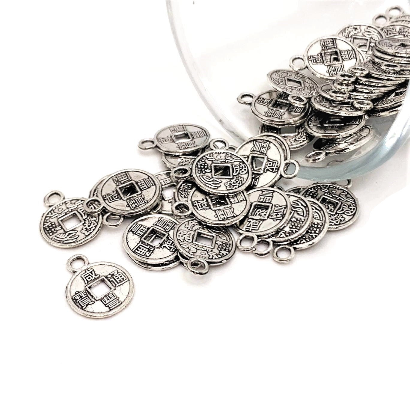 4, 20 or 50 Pieces: Small Antique Silver Chinese Lucky Coin Charms - Double Sided