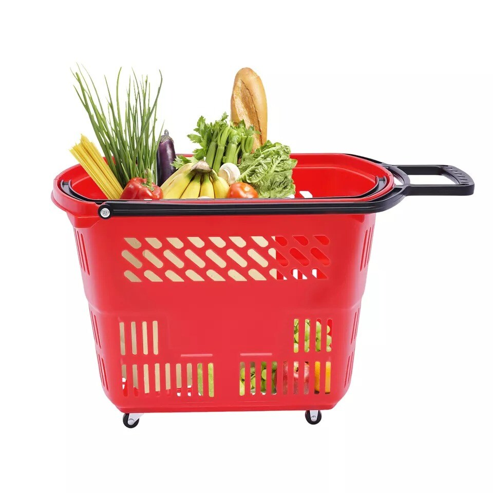 6Pcs Durable Red Rolling Shopping Basket with Wheels and Handle in Supermarkets