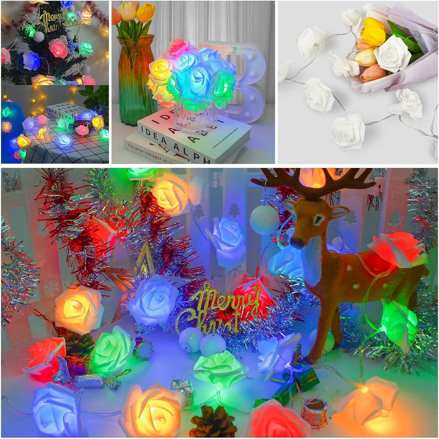LED Rose Flower String Lights, 6.6ft 20LED Indoor Fairy String Lights Battery Operated for Valentine&#x27;s Day Wedding Gardens Party Christmas Decoration (Multicolor)