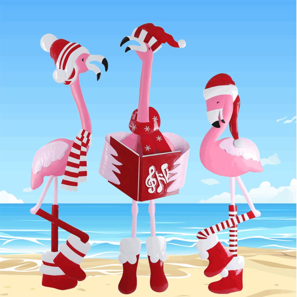 Haute Decor Outdoor Christmas Caroling Flamingos Trio Yard Decor - Sturdy Weatherproof Metal Construction, 3 Holiday Flamingos, Yard Stakes Included
