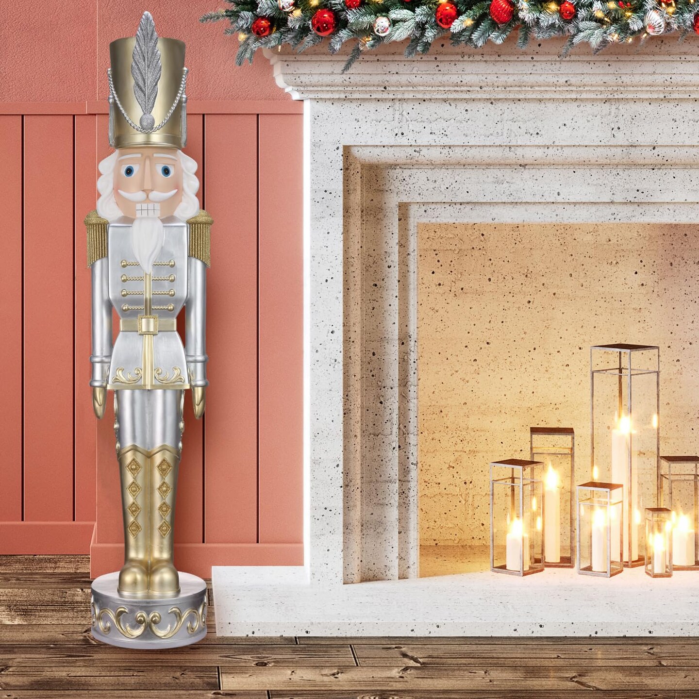 Haute Decor 48 Inch Tall Gold and Silver Christmas Nutcracker - Seasonal Holiday Soldier Statue for Indoor/Outdoor Use - Sturdy Resin Construction