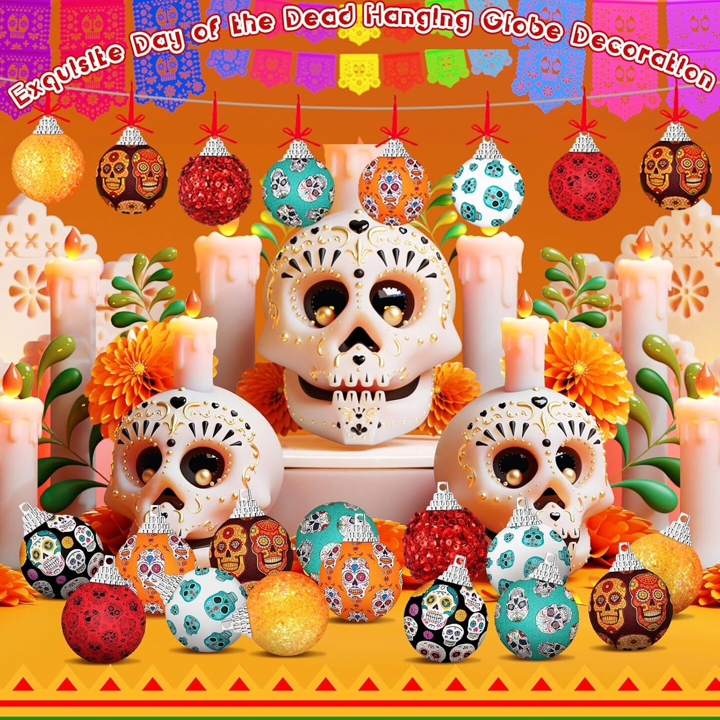 16 Pcs Day of The Dead Ball Ornaments Dia De Los Muertos Hanging Skull(Day of the Dead)