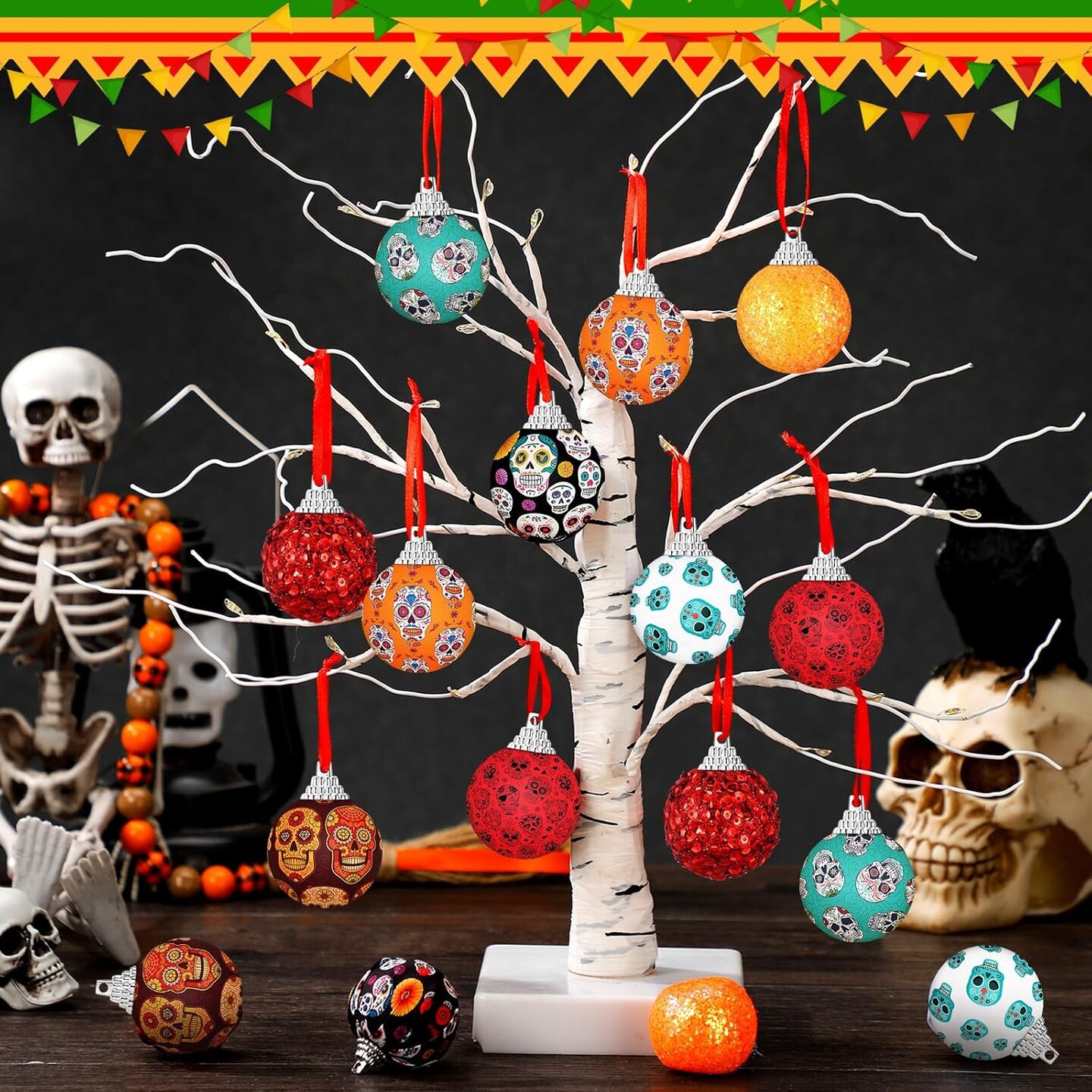 16 Pcs Day of The Dead Ball Ornaments Dia De Los Muertos Hanging Skull(Day of the Dead)