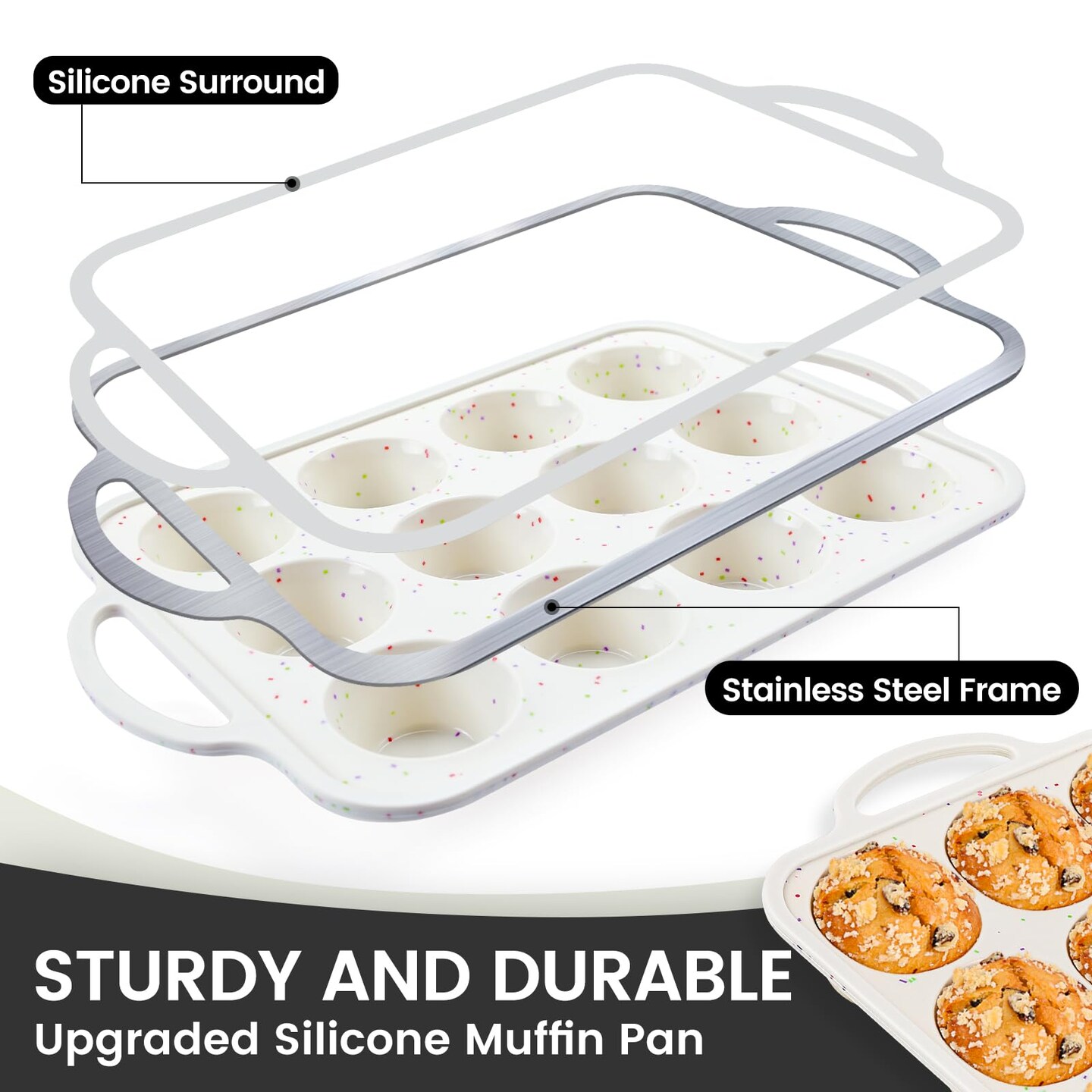 2Pack Silicone Muffin Pan for Baking with Metal Reinforced Frame, Regular 12 Cup and Jumbo 6 Cup Nonstick Cupcake Pan Set, BPA Free Silicone Muffin Tray Molds for Oven Dishwasher Safe