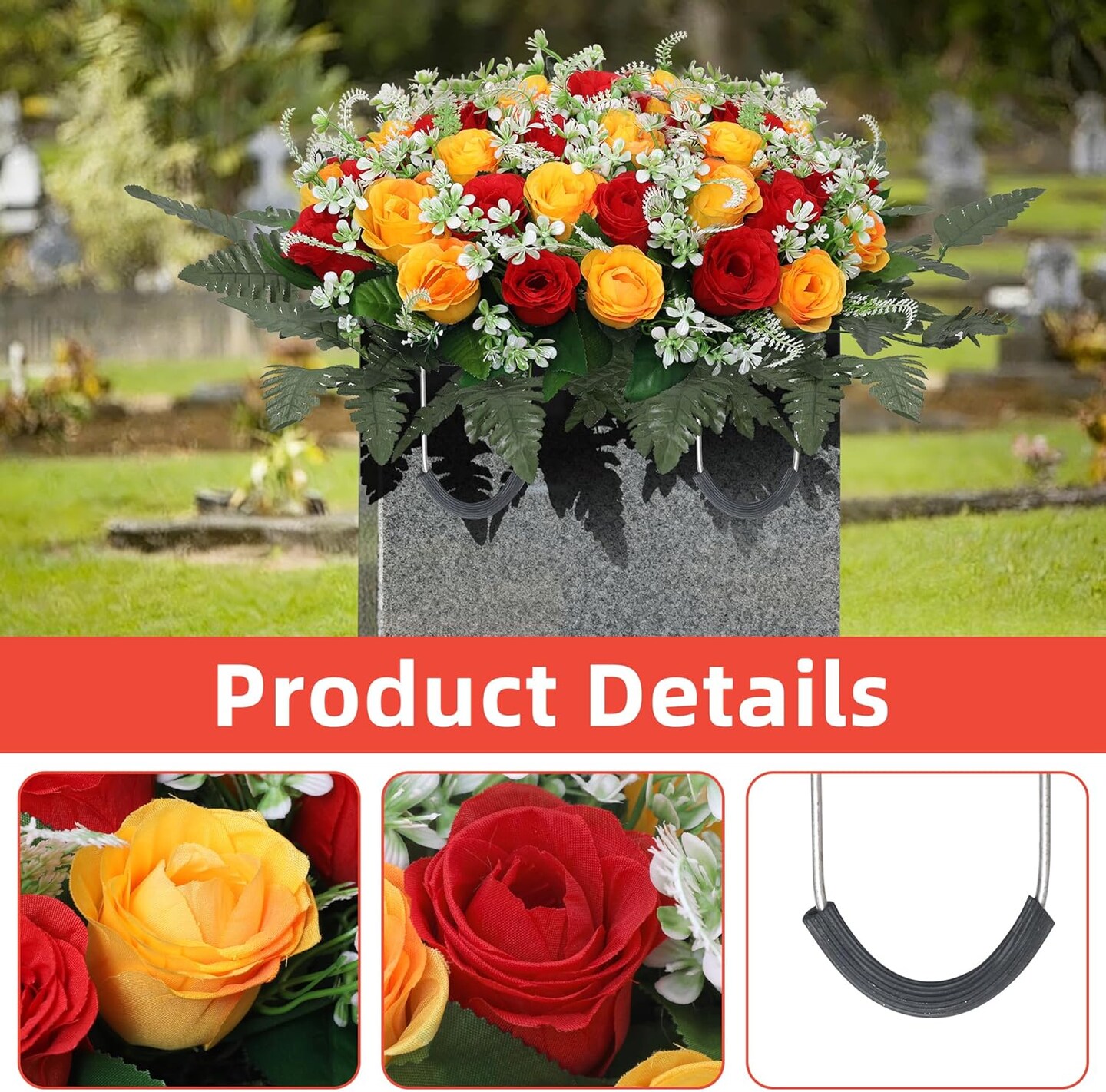 Artificial Cemetery Flower Saddles for Graves – 10 Pcs Silk Fern & 40 Realistic Rose Blossoms with Metal Headstone Holder –Resistant Memorial Flowers for Tombstone Decor (Red Yellow)