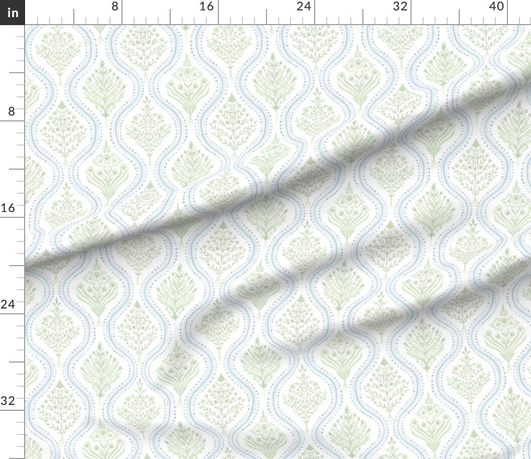 Preppy Paisley Green Blue Cottage Vine Large Traditional Curve Ogee Classic Grandmillennial Botanical Floral Spring Summer Custom Printed Fabric by Spoonflower Various Fabrics by the Yard or Fat Quarter 12948786