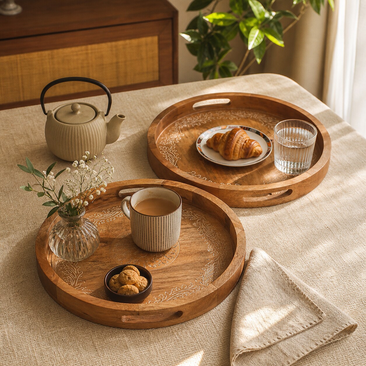 Handcrafted Round Wooden Serving Tray – Rustic Engraved Decorative Tray| Set of 2