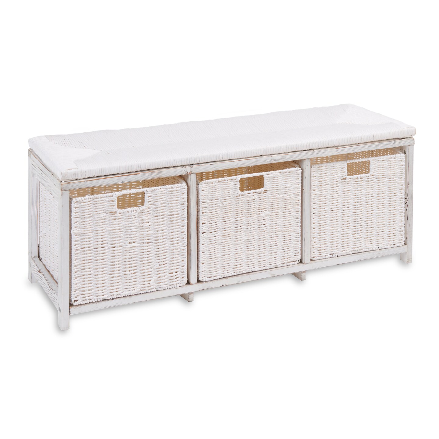Badger Basket Kid's Storage Bench with Woven Top and Baskets - White