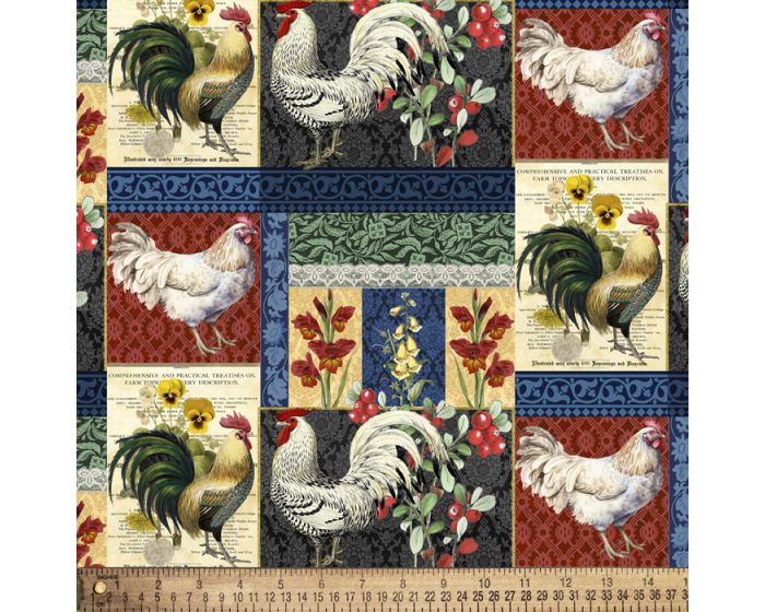 Roosters Floral Cotton Fabric | By the Yard | Sewing and Crafting | 44 inches wide
