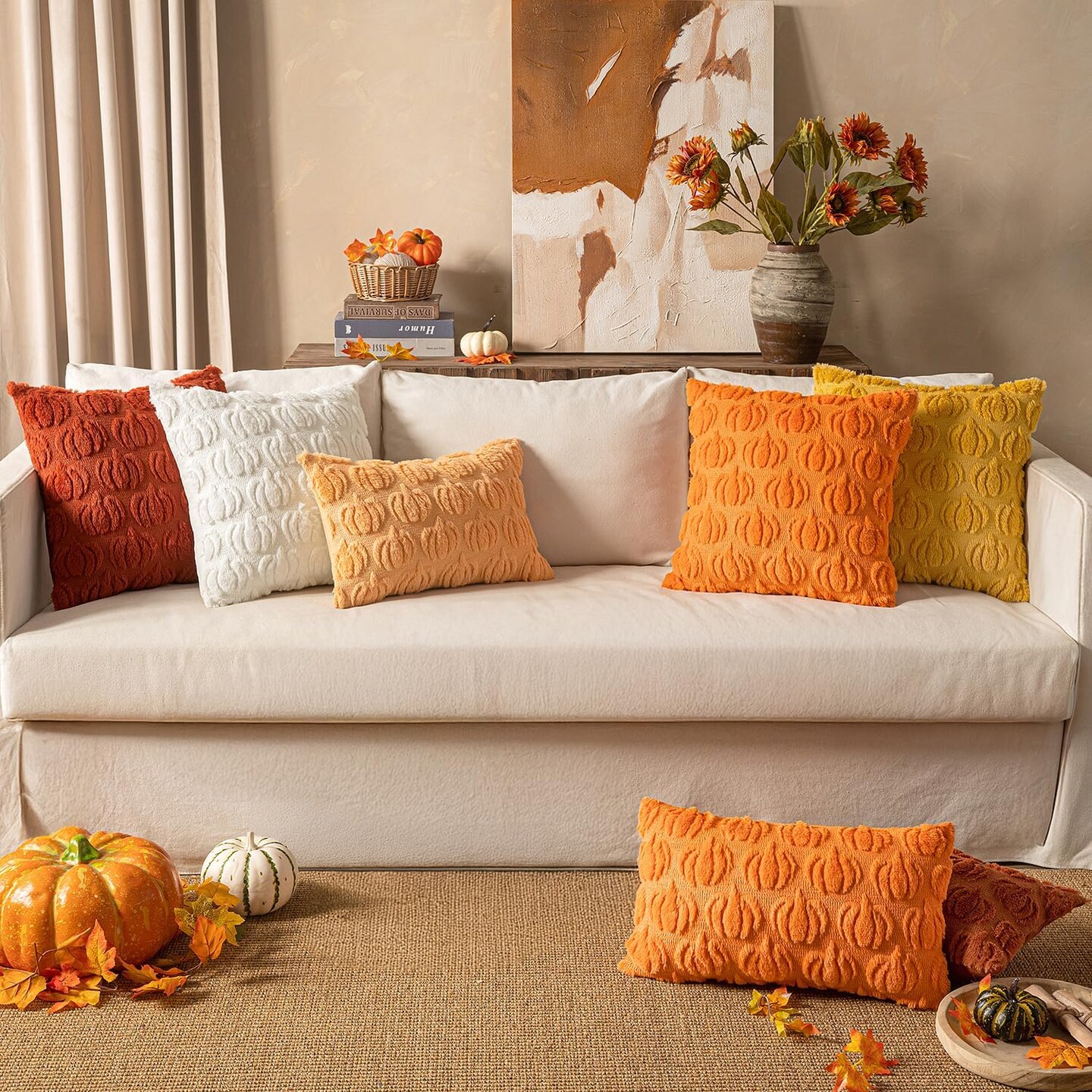 Fall Decorative Pillow Covers 18x18 in – Set of 2 Orange Pumpkin Faux Fur Pillows for Halloween, Thanksgiving, Autumn Harvest, Couch, Sofa, Porch, Bedroom, Living Room