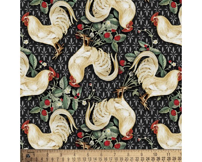 Strawberry Chickens Black Cotton Fabric | By the Yard | Sewing and Crafting | 44 inches wide