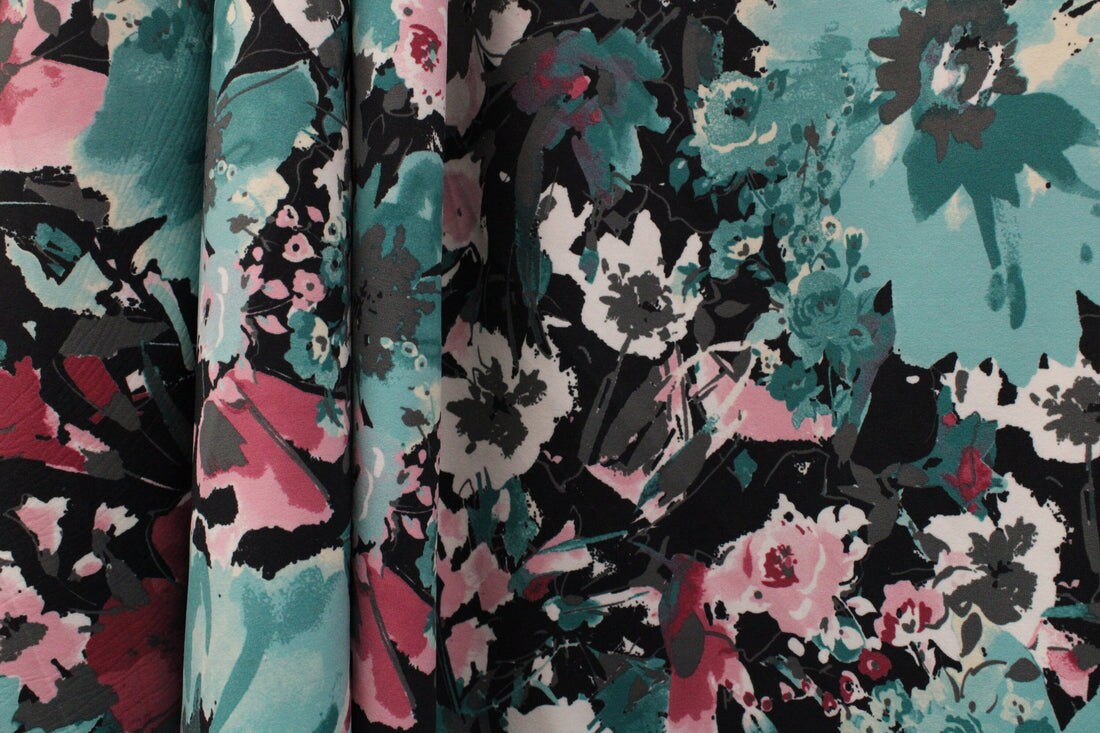1 Yard Teal Pink Floral Spandex Fabric Four Way Stretch Activewear Swimwear Costume Leggings Material 58/60 Inch Width