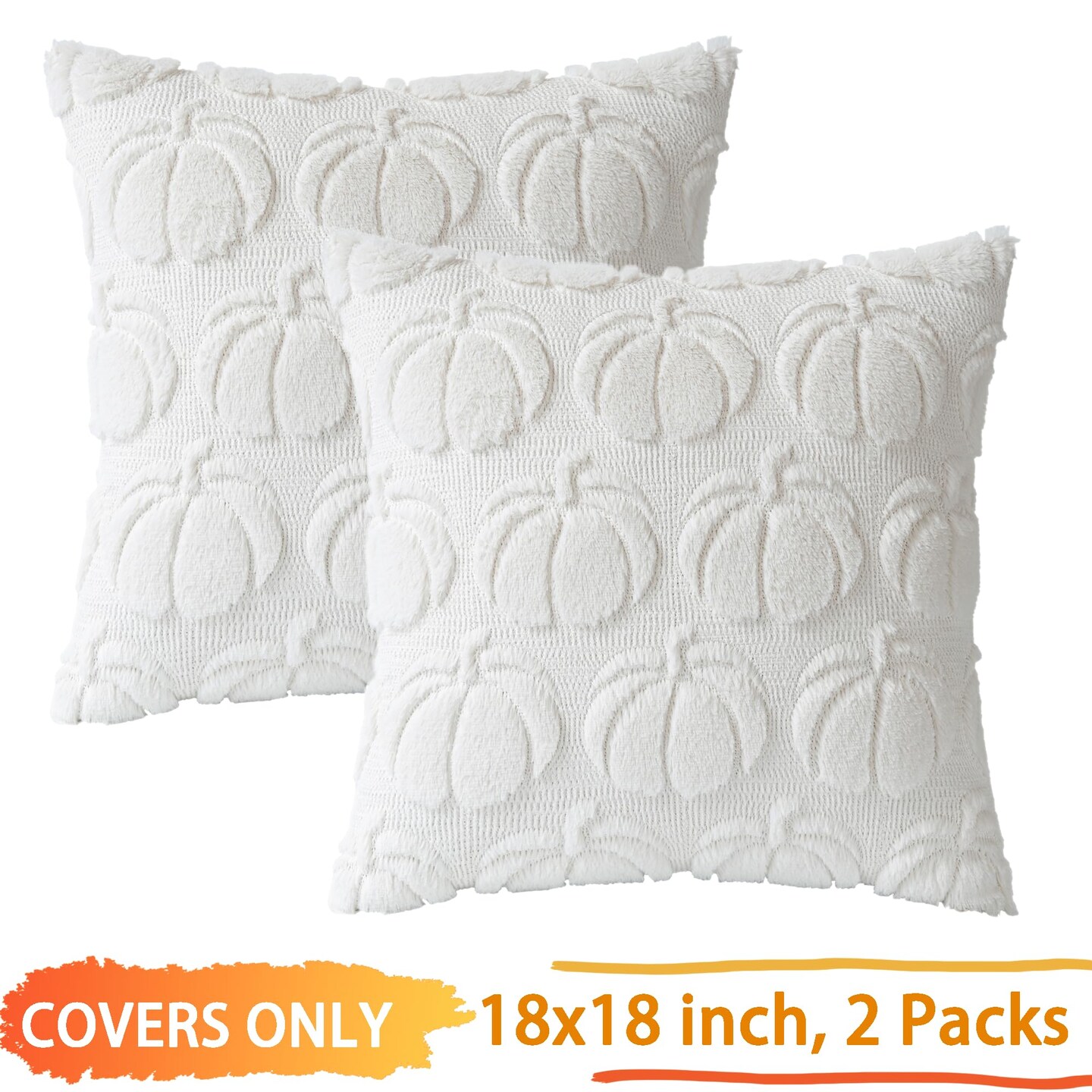 COSIBONO Pumpkin Fall Decorative Throw Pillow Covers 18"x18", Set of 2 Cream White Soft Faux Fur Pillow Covers for Autumn Harvest, Fluffy Plush Accent Pillow Cases for Farmhouse Couch Cushion Covers