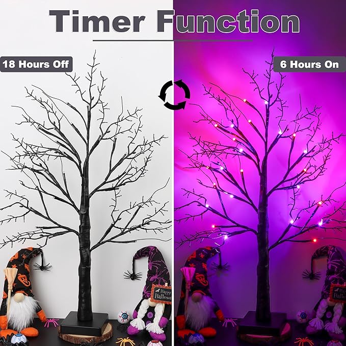 Halloween Black Tree with 24 Orange Purple Lights, Timer/USB/Battery Operated Tabletop Lighted Halloween Spooky Tree for Halloween Table Decor Home Indoor