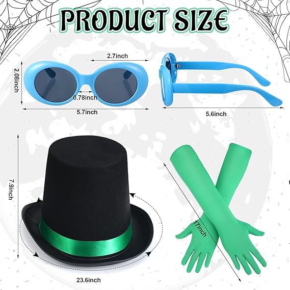3 Pcs Halloween Costume Accessories Black Felt Costume Hat with Green Band Green Satin Long Gloves Blue Vintage Oval Goggles for Men Women Cosplay Party Dress Up