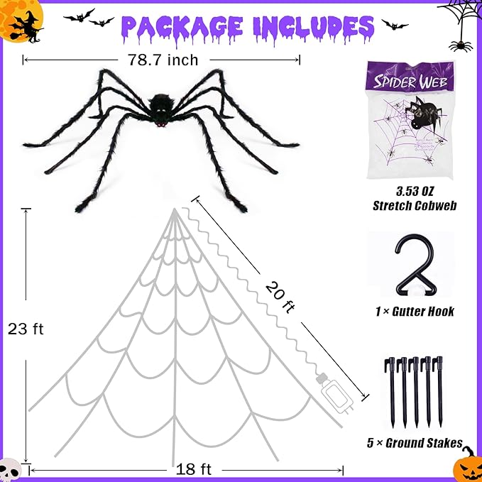 Spider Webs Halloween Decorations Outdoor 290 LED Halloween Spider Web Lights Decoration with 78.7" Large Spider & 3.53 oz Stretch Cobweb 23 Ft Giant Lighted Web with 8 Modes (Purple)