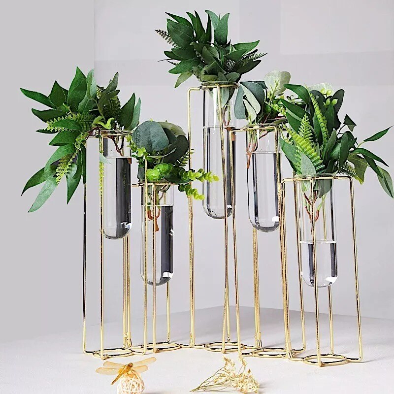 14&#x22; long Gold 5 Jointed Geometric Flower Vase Holders with Glass Test Tubes