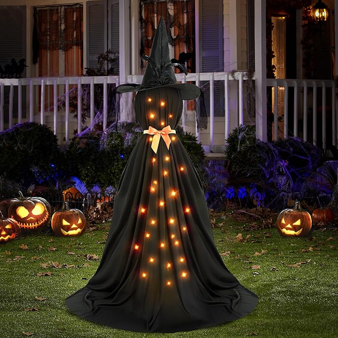 Spooky Lighted Witch Halloween Decor with Light Strings Battery Operated, Scary Standing Witch Decor for Halloween Festive Outside Yard Lawn Garden Front Porch