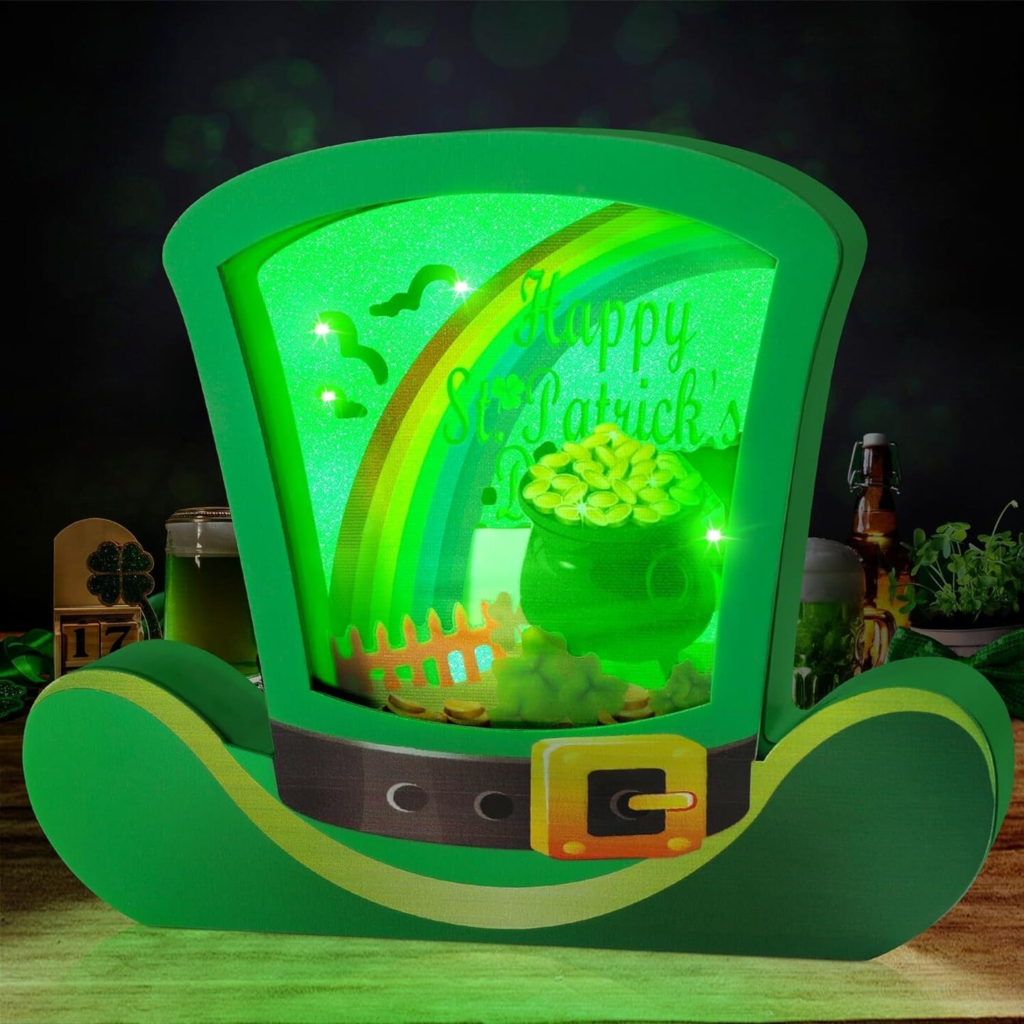 St. Patrick&#x2019;S Day Decorations Indoor, Premium Solid Wood Block Sign Built-In LED Strip Lights, Timer, Battery Operated Irish Themed Leprechaun Hat Table Plaque for Home, Shelf D&#xE9;cor