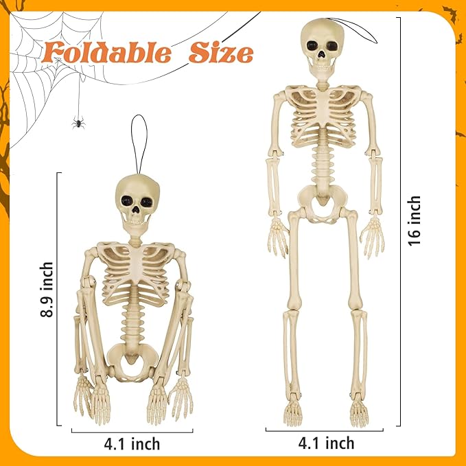 2 Pack Posable Halloween Skeleton, 16&#x22; Full Body Halloween Skeleton Decor with Movable Joints, Small Skeleton Halloween Decor, Halloween Party Indoor Decorations