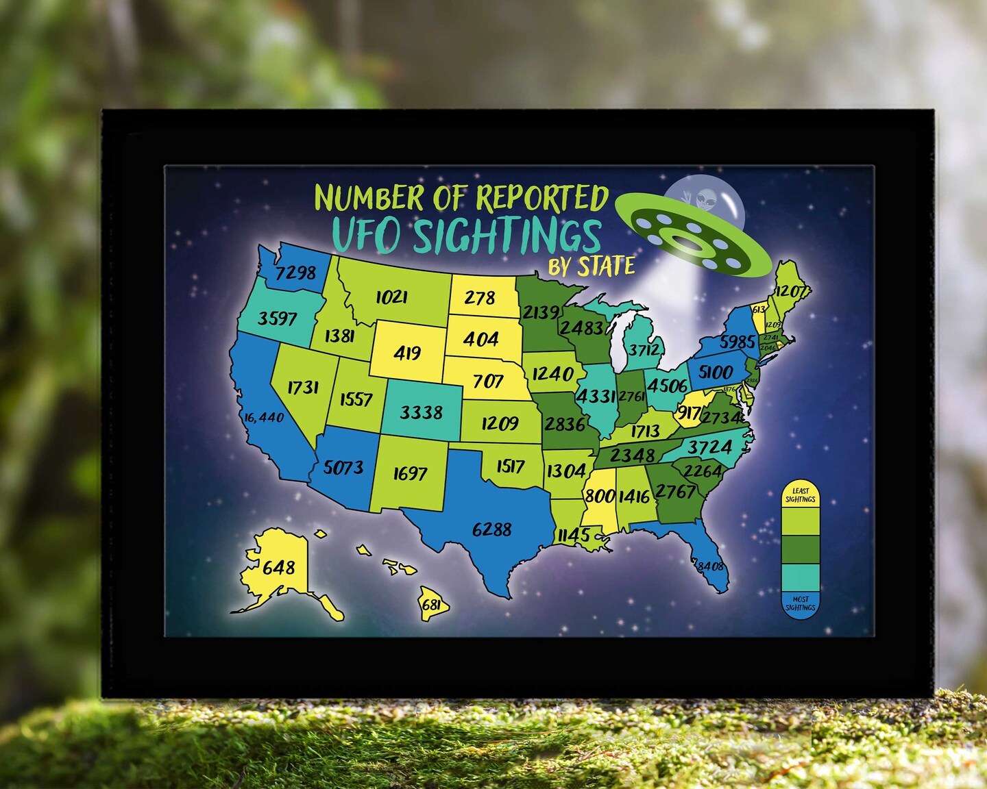 UFO Sightings Map Alien Art Print Flying Saucer UFO Wall Art Paranormal Extraterrestrial UFO Decor Ufologist Great Gift United States Map product 3