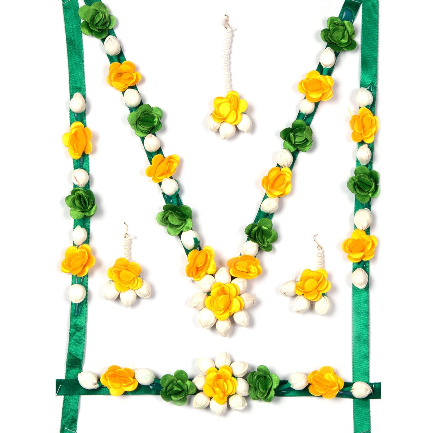 Flower Designer Jewelry Set for Women Handmade Necklace with Earrings Maang Tikka Wristbands Waistbelt Indian Artificial Jewelry for Haldi Mehndi Wedding Party Bridal