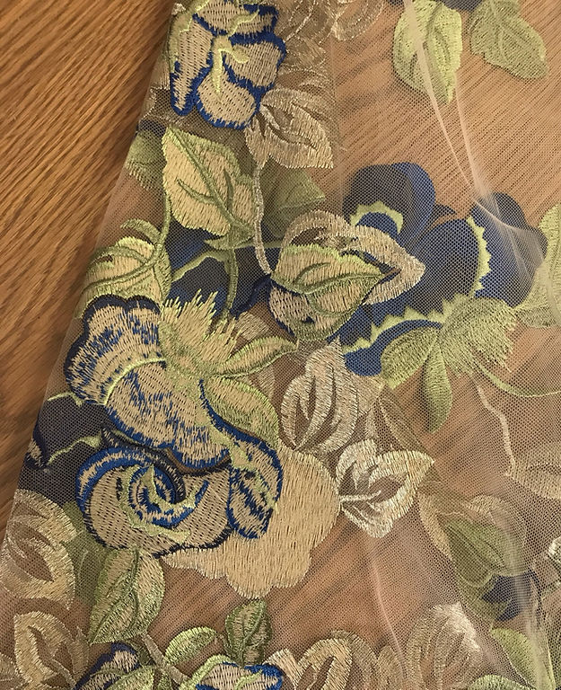 1 Yard Blue Rose Embroidered Lace Mesh Fabric Metallic Champagne Leaves 58/56&#x22; wide