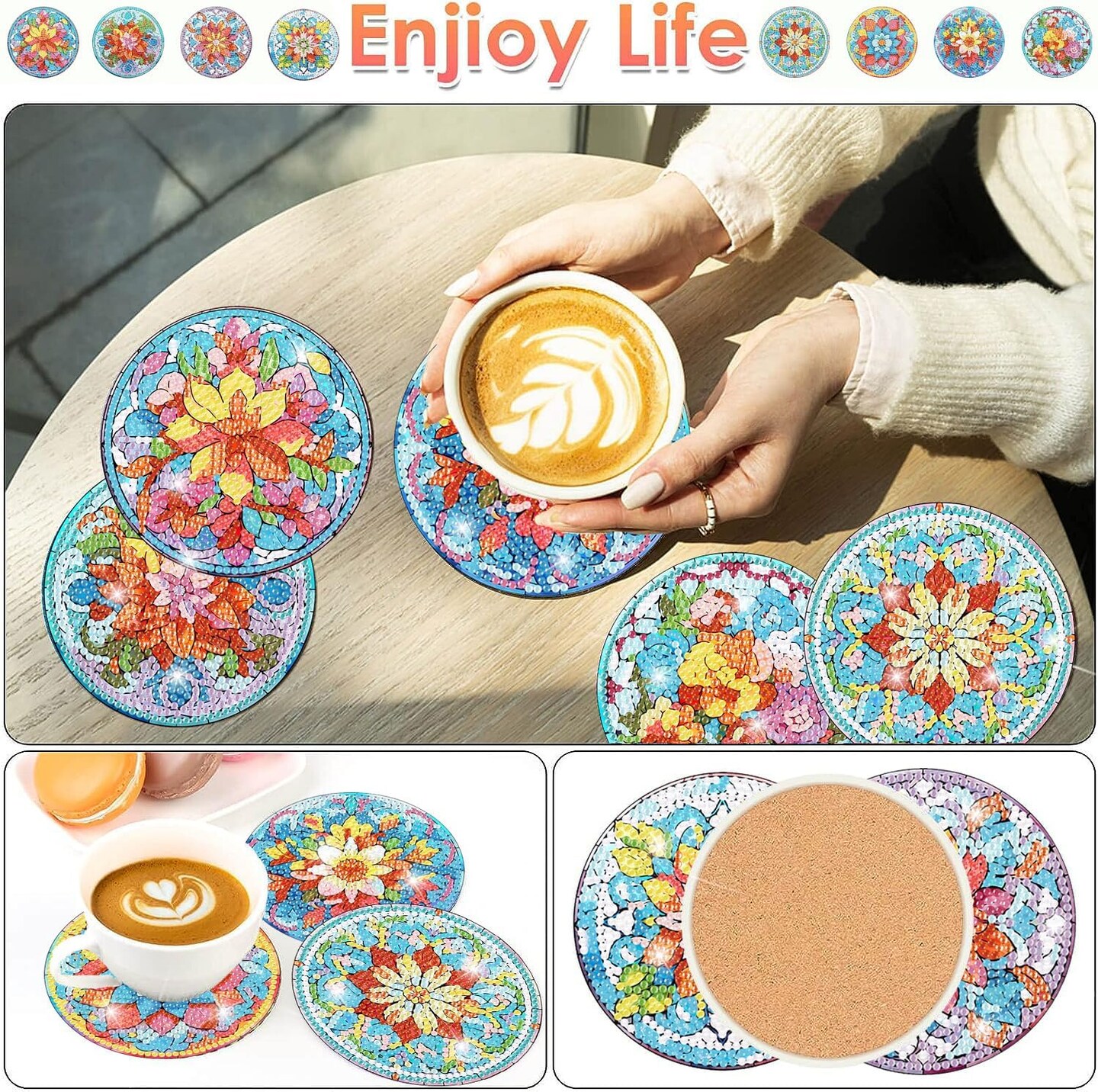 Mandala Diamond Painting Coasters Kit with Holder – DIY Diamond Art for Beginners & Adults