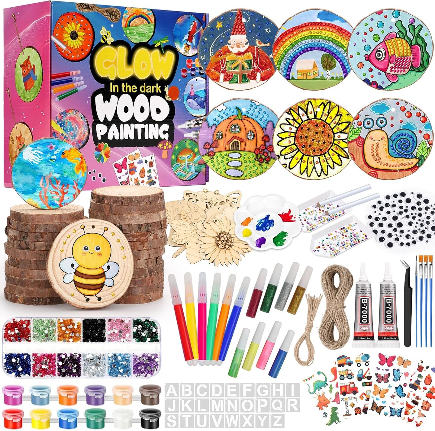 Kids Wooden Painting Kit Glow in The Dark Arts,200 PCS Wood Slice Natural Wood